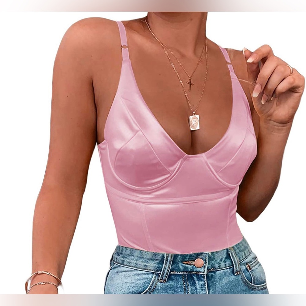 NWT Sexy Deep V Neck Shiny Thong Bodysuit, Pink, XL